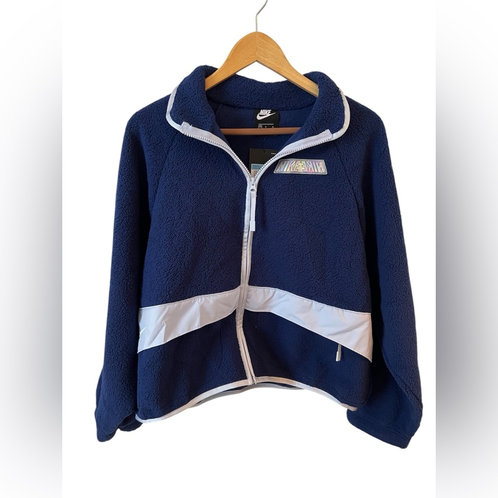 Nike Fleece Jacket Swoosh Sherpa Midnight Navy Oversized Women’s Medium - Picture 5 of 16